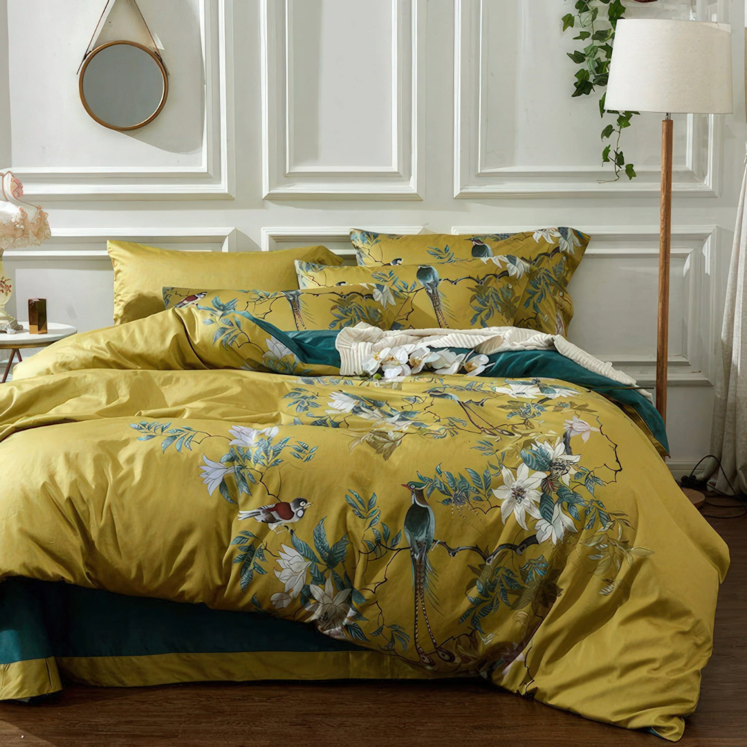 Egyptian Cotton Duvet Cover Set - Luxury Sateen Bedding with Bird & Floral Print