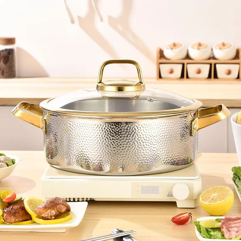 304 Stainless Steel Hammered Soup Pot with Gold-Trimmed Lid