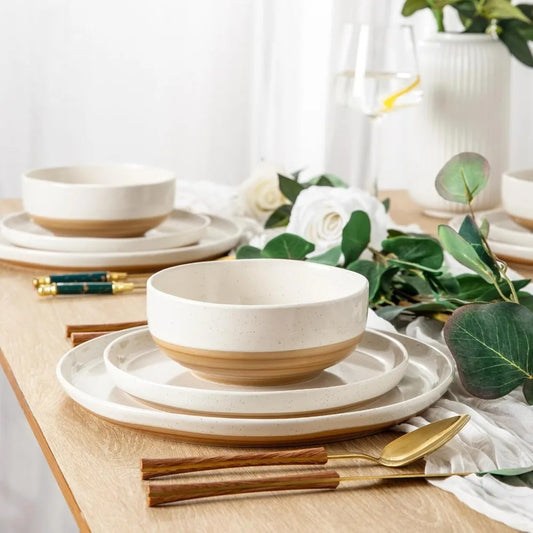 12-Piece Handpainted Stoneware Dinnerware Set for 4 - Light Beige
