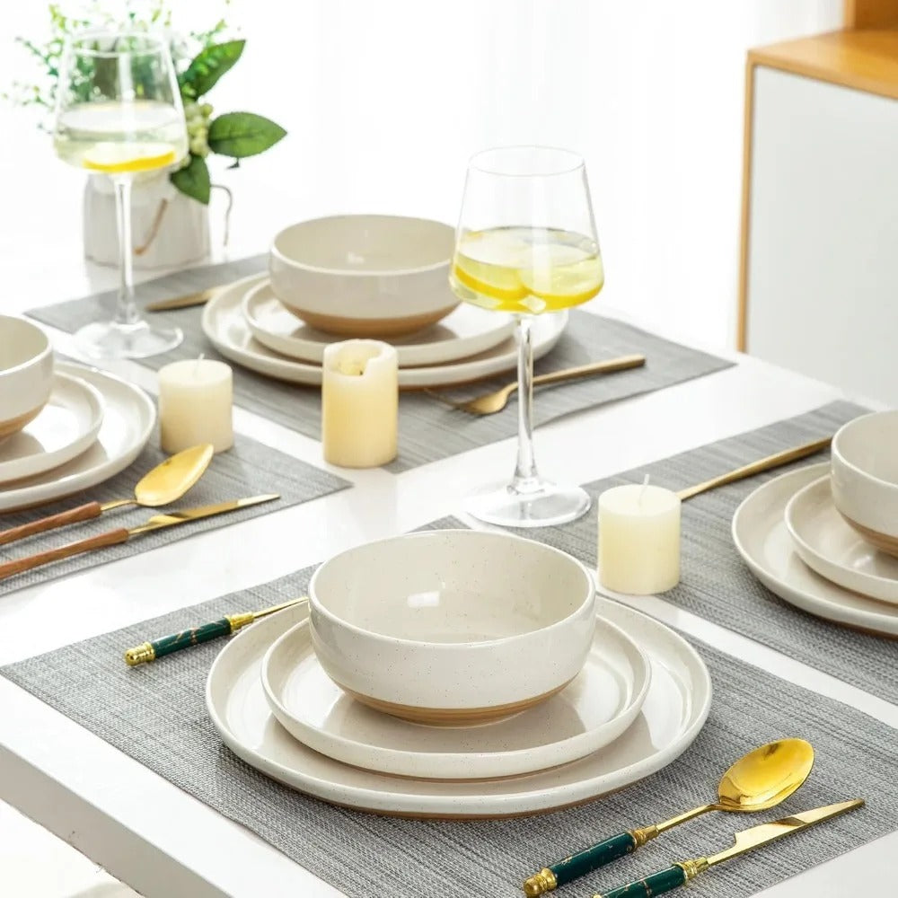 12-Piece Handpainted Stoneware Dinnerware Set for 4 - Light Beige