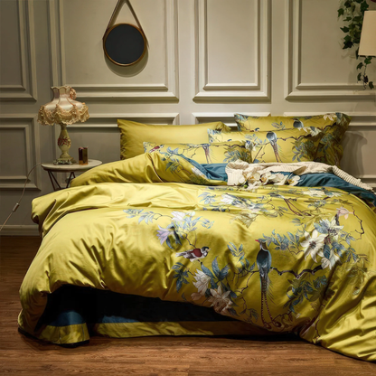 Egyptian Cotton Duvet Cover Set - Luxury Sateen Bedding with Bird & Floral Print