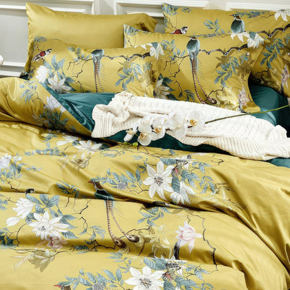 Egyptian Cotton Duvet Cover Set - Luxury Sateen Bedding with Bird & Floral Print