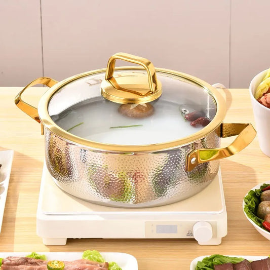 304 Stainless Steel Hammered Soup Pot with Gold-Trimmed Lid