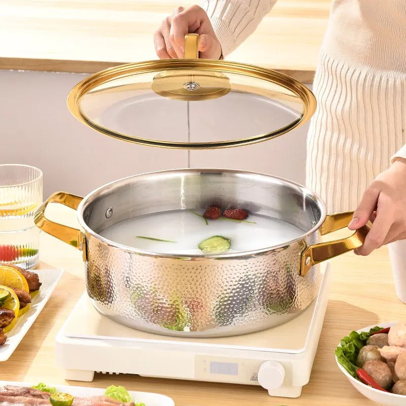 304 Stainless Steel Hammered Soup Pot with Gold-Trimmed Lid