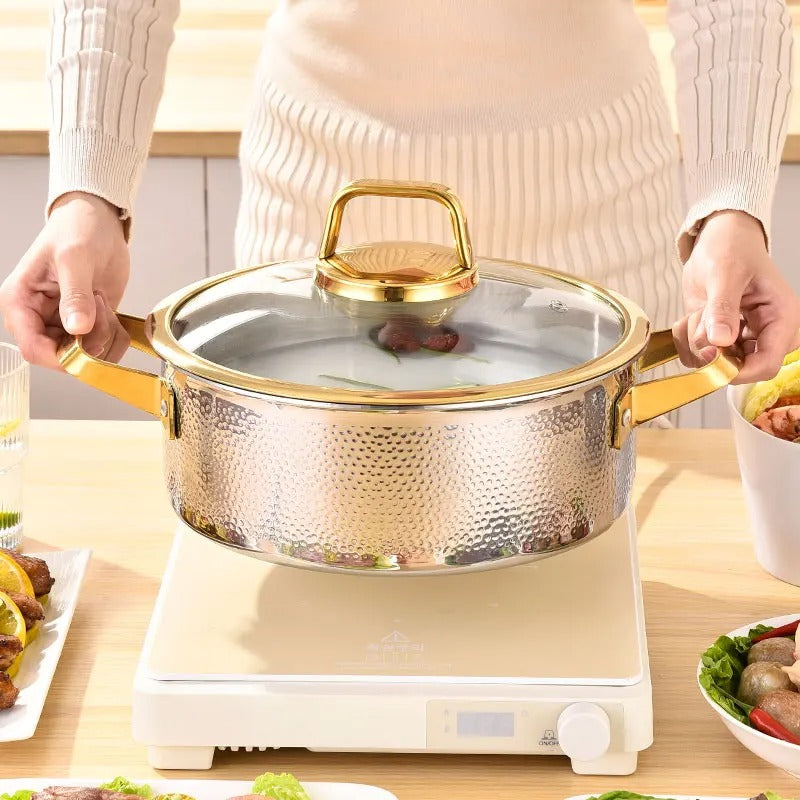 304 Stainless Steel Hammered Soup Pot with Gold-Trimmed Lid