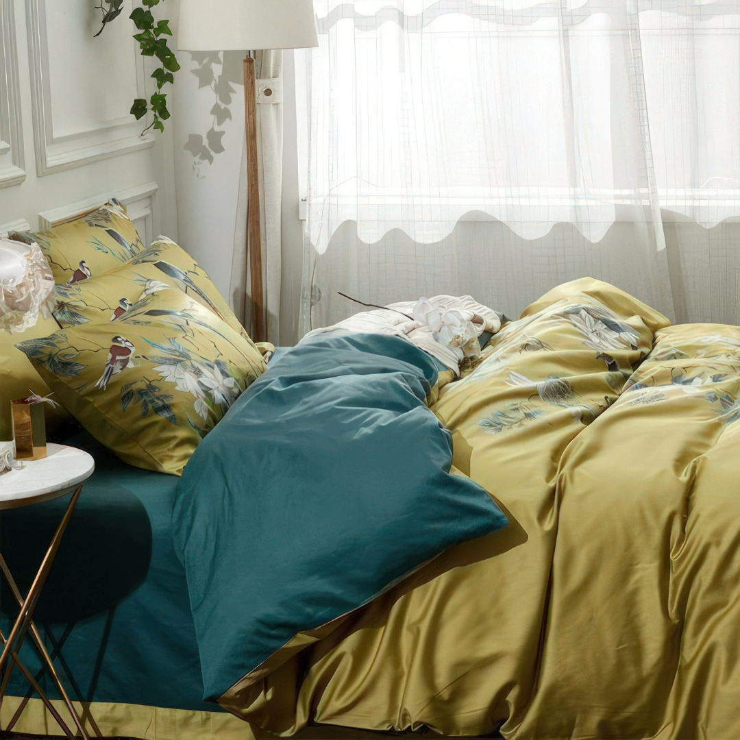 Egyptian Cotton Duvet Cover Set - Luxury Sateen Bedding with Bird & Floral Print