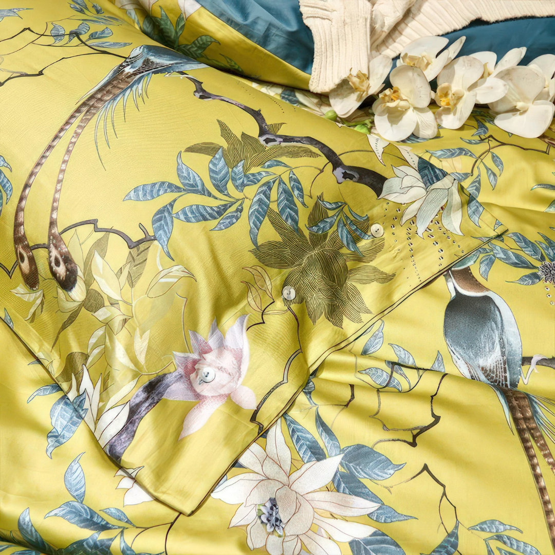 Egyptian Cotton Duvet Cover Set - Luxury Sateen Bedding with Bird & Floral Print