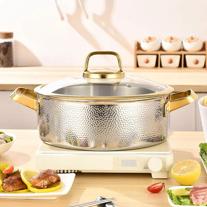 304 Stainless Steel Hammered Soup Pot with Gold-Trimmed Lid