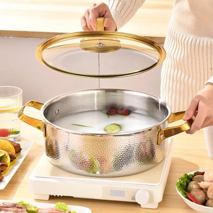 304 Stainless Steel Hammered Soup Pot with Gold-Trimmed Lid